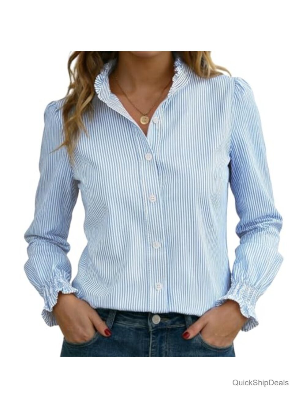 Striped Button Down Shirt Long Sleeve Smocked Cuff Ruffle Collar Blouse